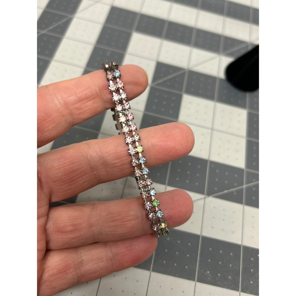 Vintage Tennis Bracelet Silver Pink Blue Green Rhinestone 2 Rows Costume Prom